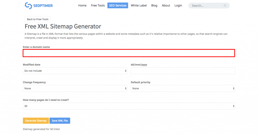 seoptimer sitemap generator come inserire url